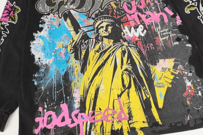 Statue of Liberty Graffiti Letter Print Washed Version Long Sleeve T-Shirt 3 colors 28702248