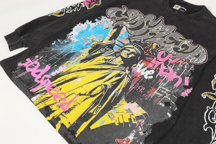 Statue of Liberty Graffiti Letter Print Washed Version Long Sleeve T-Shirt 3 colors 28702248