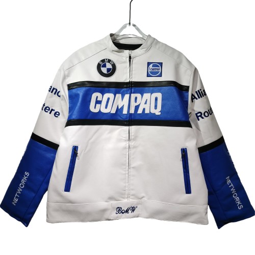 Blue and White Patterned COMPAQ Embroidered Leather Jacket 28702274