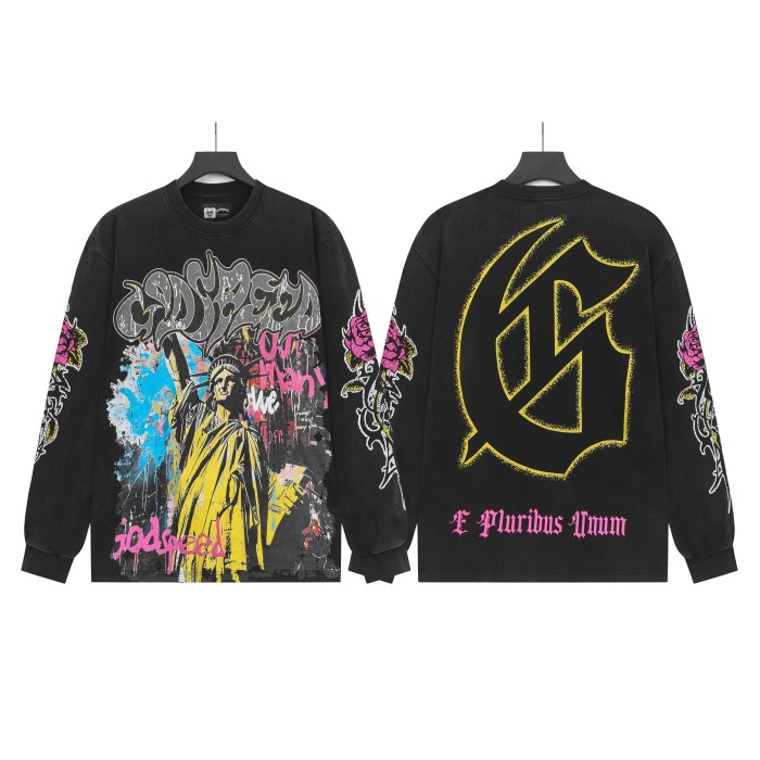 Statue of Liberty Graffiti Letter Print Washed Version Long Sleeve T-Shirt 3 colors 28702248
