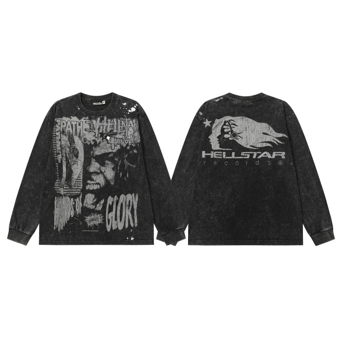 Portrait Logo Ink-Splash Print Washed Version Long Sleeve T-Shirt 28713174