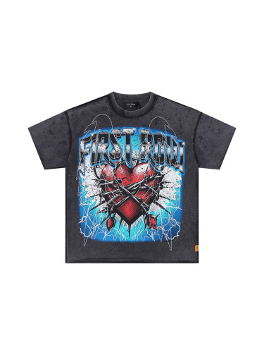 Lightning Heart Print Rhinestone Wings Washed Version Tee 28747720
