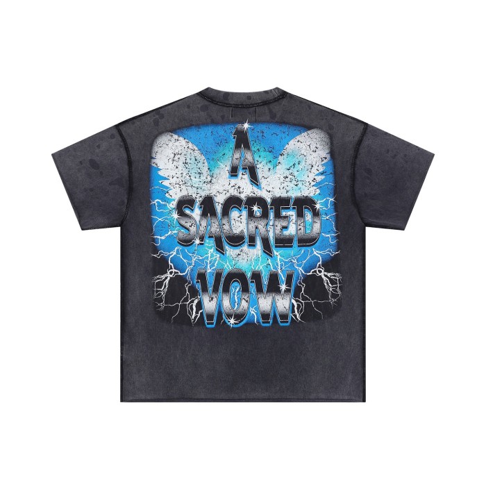 Lightning Heart Print Rhinestone Wings Washed Version Tee 28747720