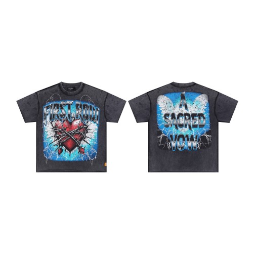 Lightning Heart Print Rhinestone Wings Washed Version Tee 28747720