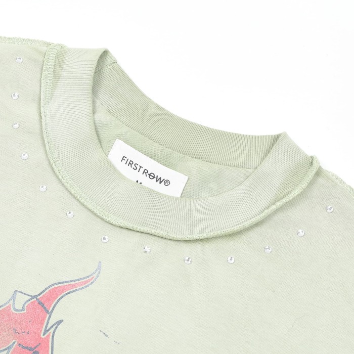 Blue Flame Heart Print Rhinestone Washed Version Tee 28748433