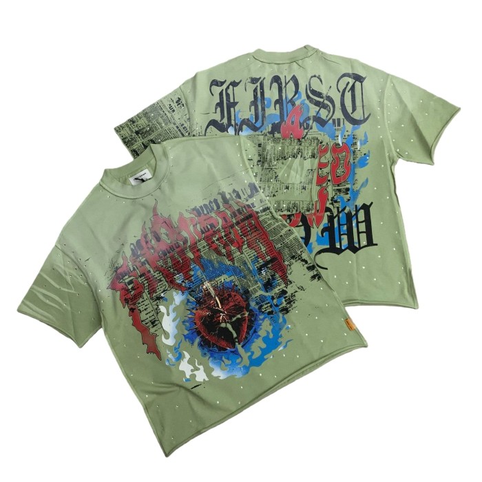Blue Flame Heart Print Rhinestone Washed Version Tee 28748433
