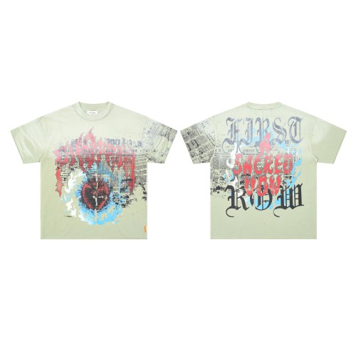 Blue Flame Heart Print Rhinestone Washed Version Tee 28748433