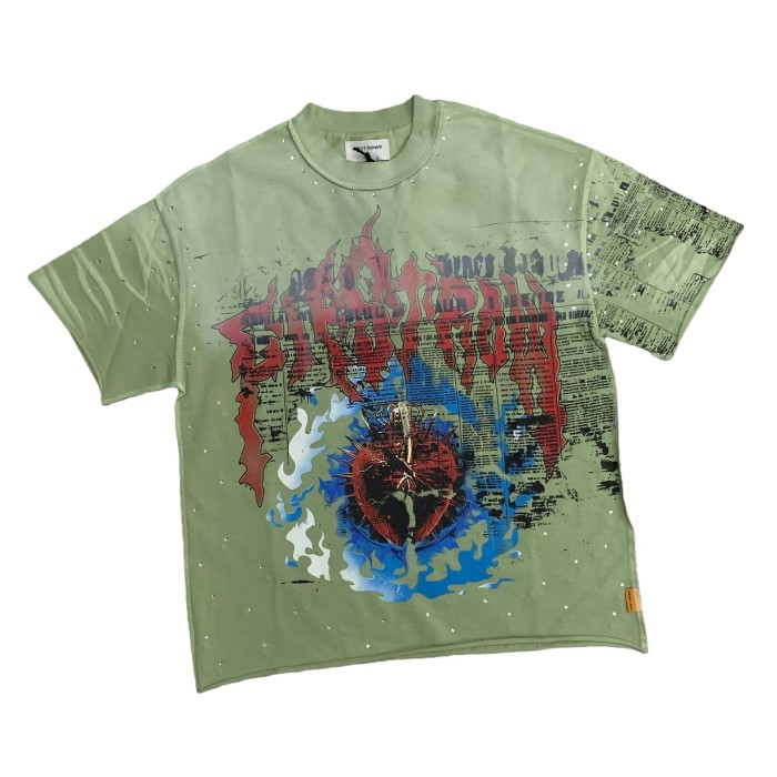 Blue Flame Heart Print Rhinestone Washed Version Tee 28748433