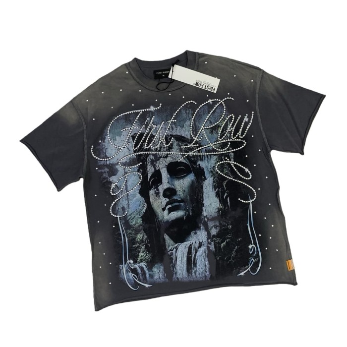 White Ink Direct-Print Breathable Rhinestone-Embellished Washed Version Tee 28748427