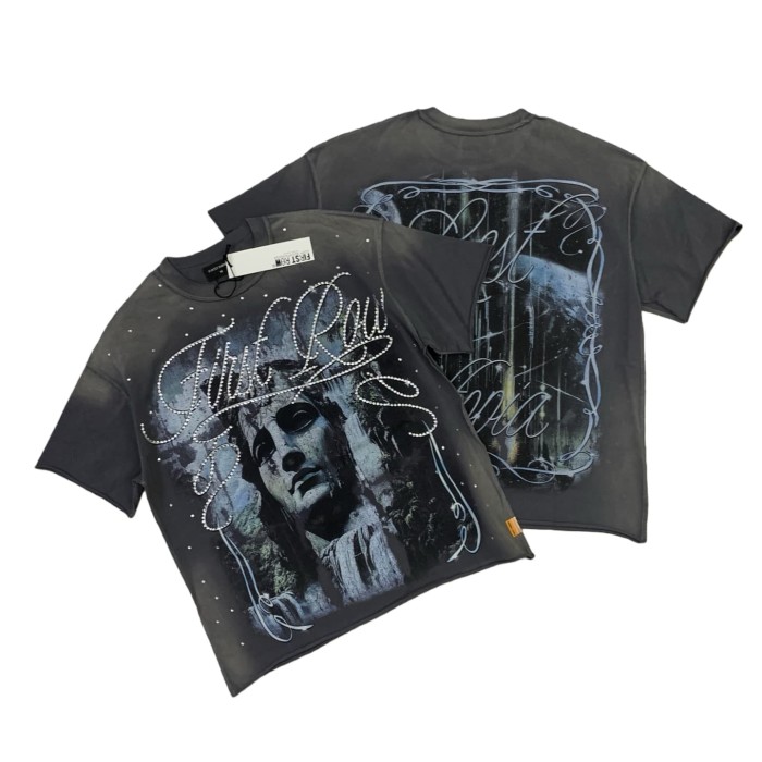 White Ink Direct-Print Breathable Rhinestone-Embellished Washed Version Tee 28748427