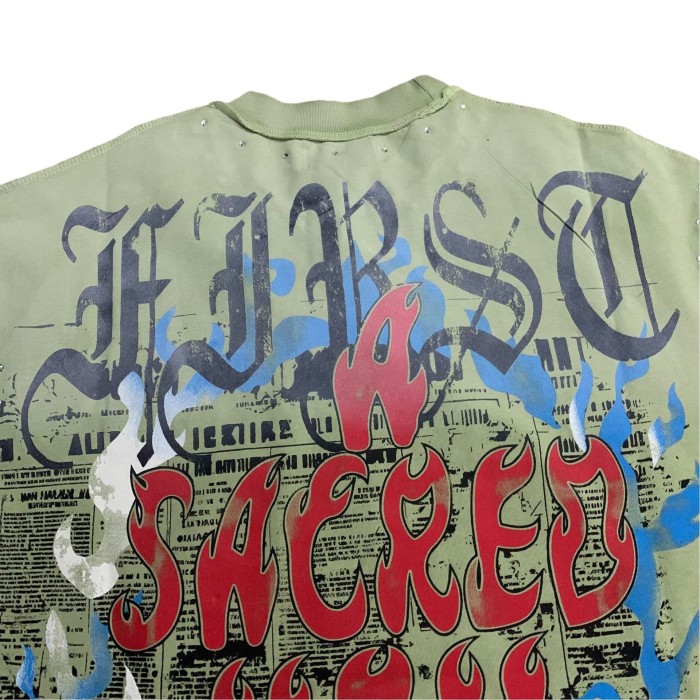 Blue Flame Heart Print Rhinestone Washed Version Tee 28748433