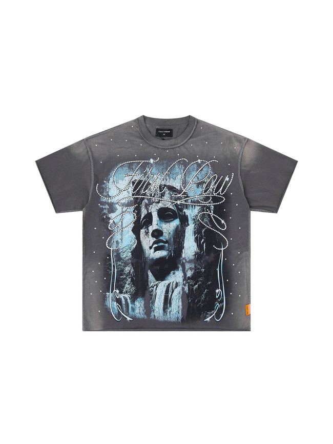 White Ink Direct-Print Breathable Rhinestone-Embellished Washed Version Tee 28748427