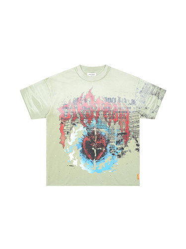 Blue Flame Heart Print Rhinestone Washed Version Tee 28748433