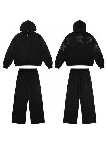 Full-Print Rhinestone Letter Zipper Hoodie & Pants Set 2 colors 28749761
