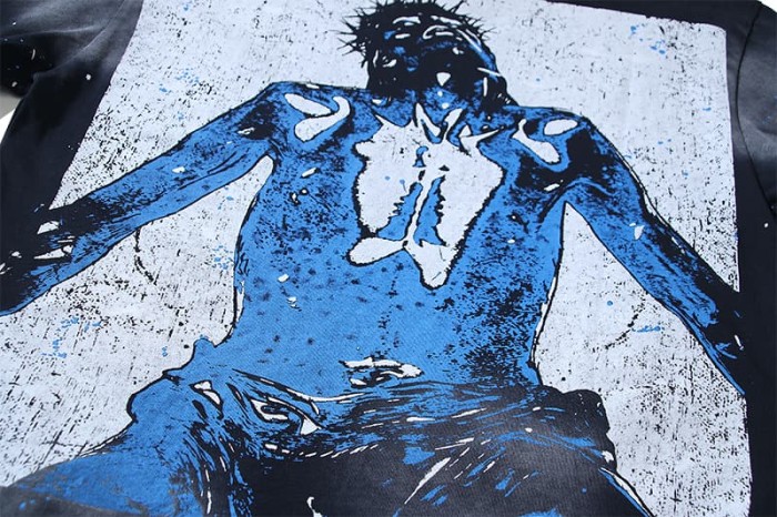 Blue Portrait Ink-Splash Print Washed Version Tee 28755470
