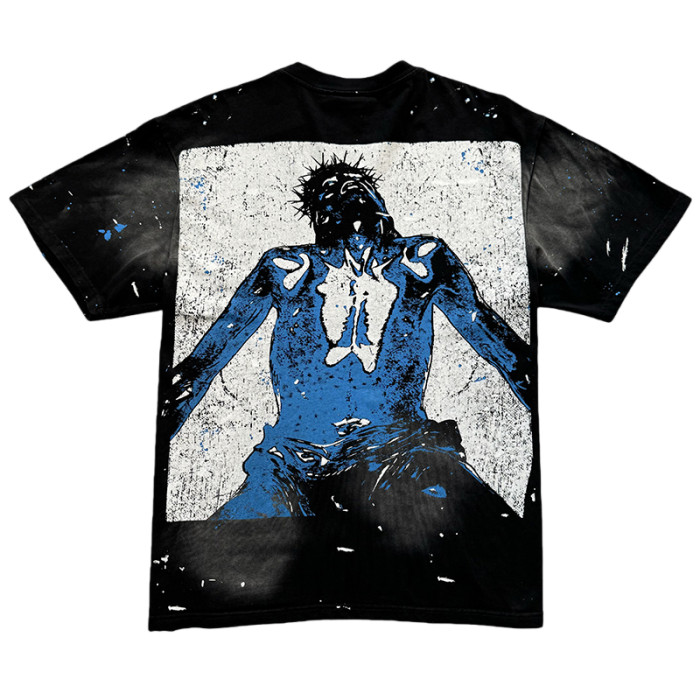 Blue Portrait Ink-Splash Print Washed Version Tee 28755470