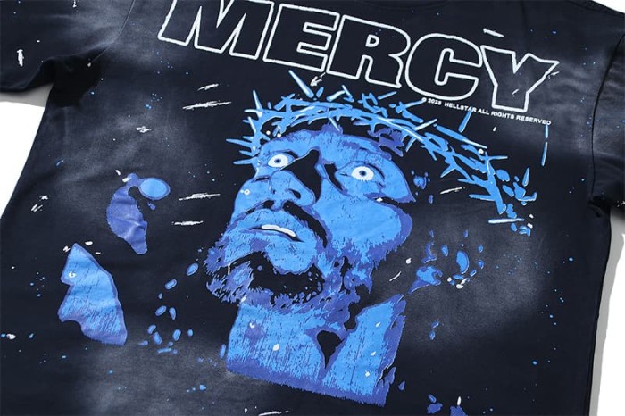 Blue Portrait Ink-Splash Print Washed Version Tee 28755470