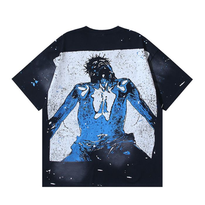 Blue Portrait Ink-Splash Print Washed Version Tee 28755470