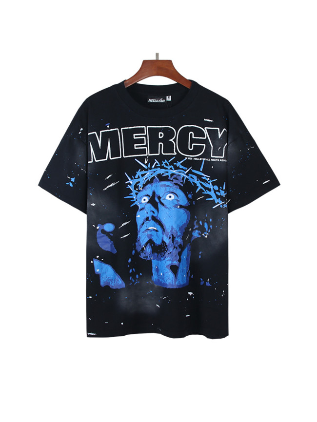 Blue Portrait Ink-Splash Print Washed Version Tee 28755470