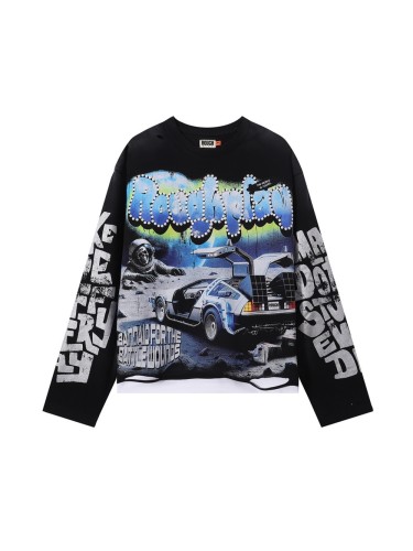 Space Skull Silver Hot Stamping Print Washed Version Long Sleeve T-Shirt 28758381