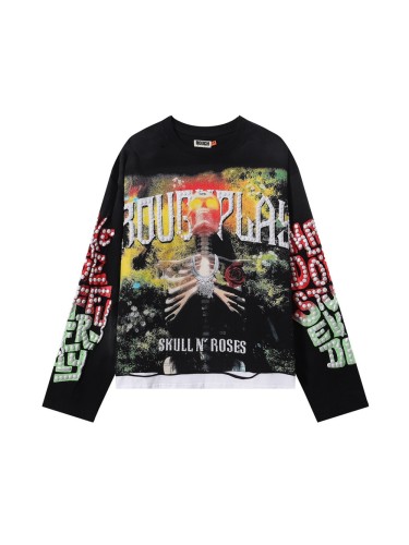 Rose Skull Silver Hot Stamping Print Washed Version Long Sleeve T-Shirt 28758380