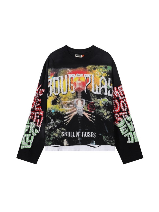Rose Skull Silver Hot Stamping Print Washed Version Long Sleeve T-Shirt 28758380