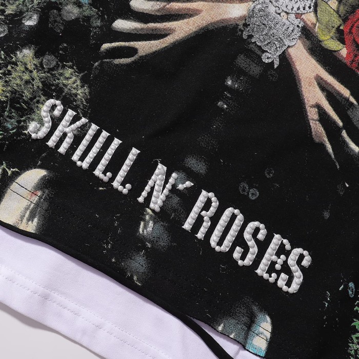 Rose Skull Silver Hot Stamping Print Washed Version Long Sleeve T-Shirt 28758380
