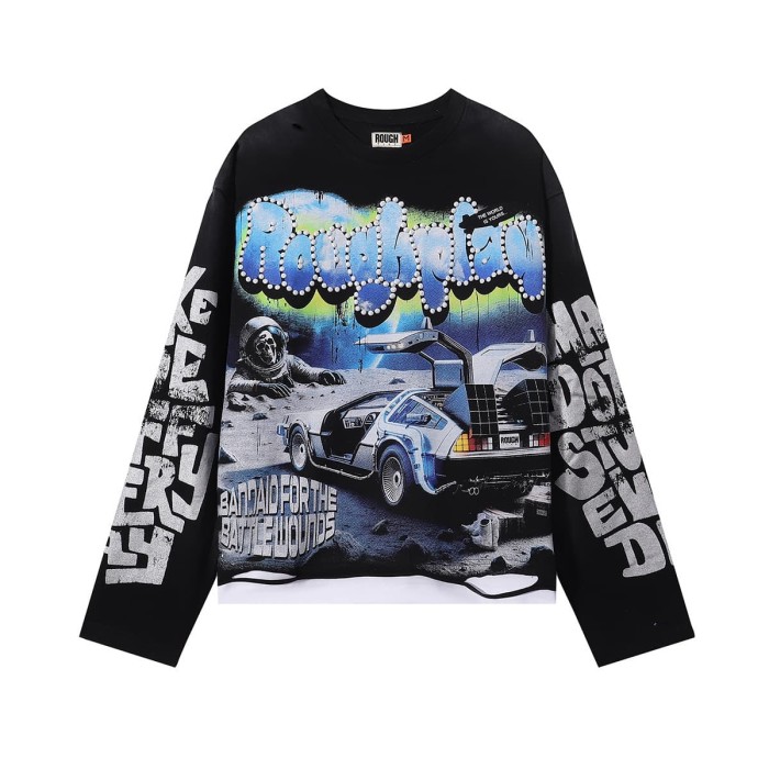 Space Skull Silver Hot Stamping Print Washed Version Long Sleeve T-Shirt 28758381