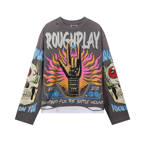 Rock Gesture Guitar Neck Silver Hot Stamping Print Washed Version Long Sleeve T-Shirt 28758377