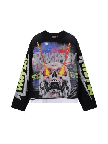 Cosmic Ray Skull Print Washed Version Long Sleeve T-Shirt 28758386