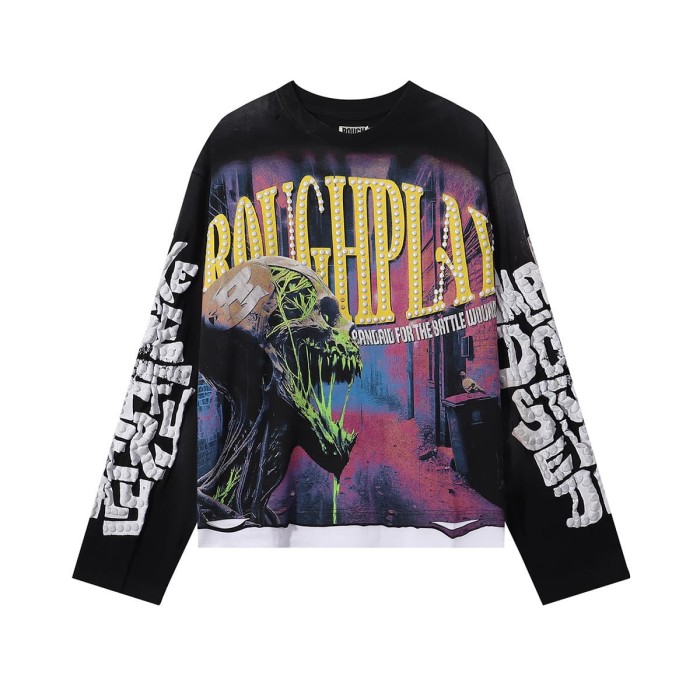 Street Corner Skull Silver Hot Stamping Print Washed Version Long Sleeve T-Shirt 28758378