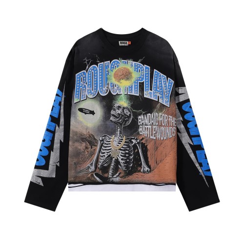 Brain Skull Silver Hot Stamping Print Washed Version Long Sleeve T-Shirt 28758376