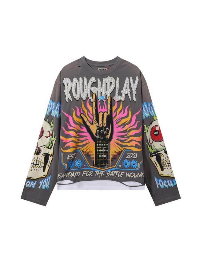 Rock Gesture Guitar Neck Silver Hot Stamping Print Washed Version Long Sleeve T-Shirt 28758377