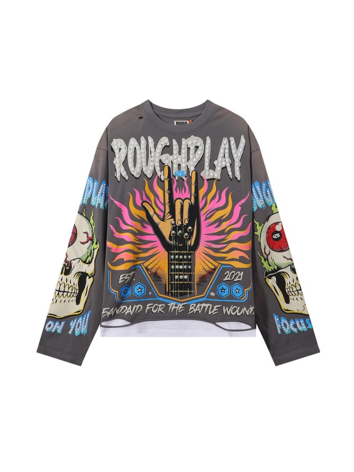 Rock Gesture Guitar Neck Silver Hot Stamping Print Washed Version Long Sleeve T-Shirt 28758377
