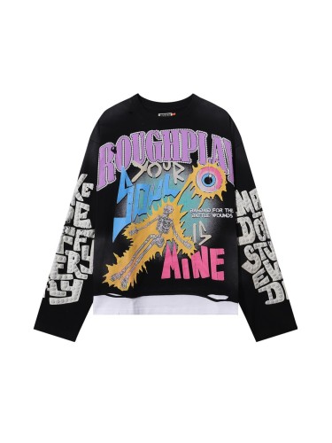 Electric Shock Skull Eyeball Silver Hot Stamping Print Washed Version Long Sleeve T-Shirt 28758384