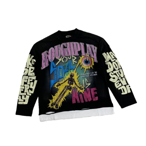 Electric Shock Skull Eyeball Rhinestone Print Washed Version Long Sleeve T-Shirt 28758373