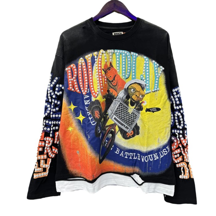 Piglet ET Bicycle Silver Hot Stamping Print Washed Version Long Sleeve T-Shirt 2 colors 28758383