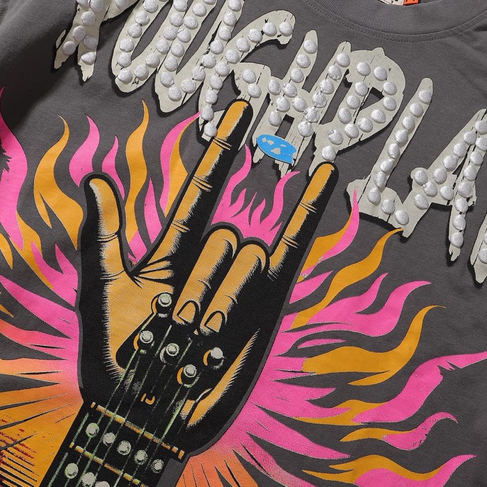 Rock Gesture Guitar Neck Silver Hot Stamping Print Washed Version Long Sleeve T-Shirt 28758377