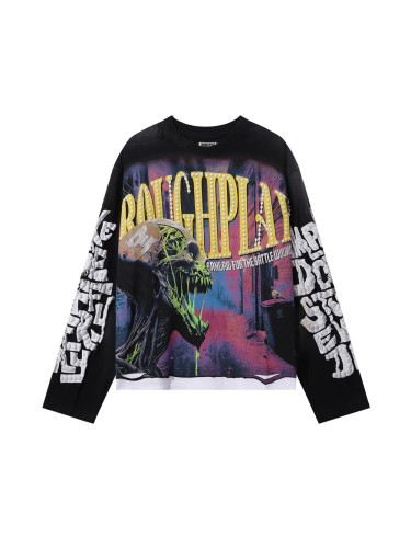 Street Corner Skull Silver Hot Stamping Print Washed Version Long Sleeve T-Shirt 28758378