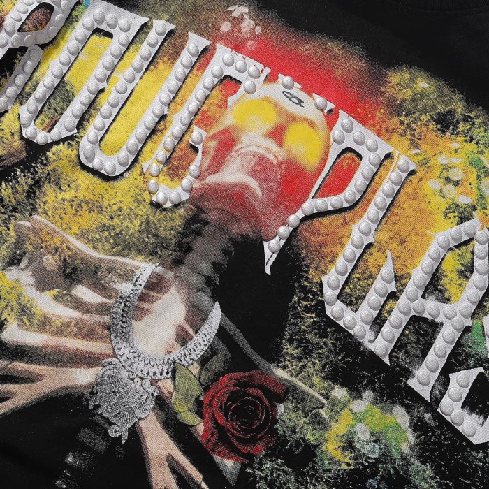 Rose Skull Silver Hot Stamping Print Washed Version Long Sleeve T-Shirt 28758380