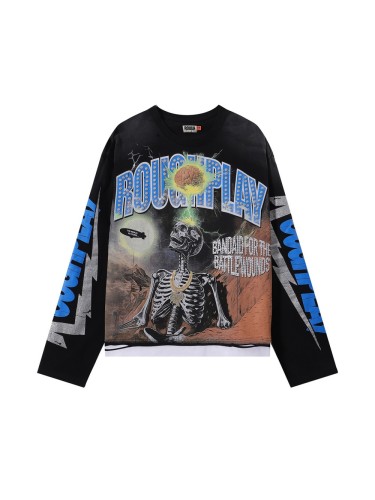 Brain Skull Silver Hot Stamping Print Washed Version Long Sleeve T-Shirt 28758376