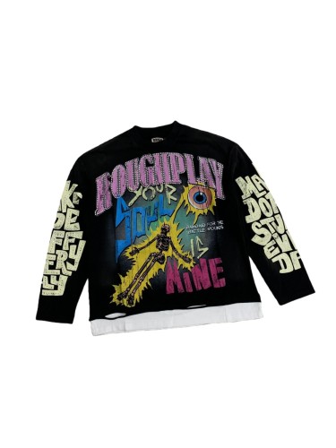 Electric Shock Skull Eyeball Rhinestone Print Washed Version Long Sleeve T-Shirt 28758373