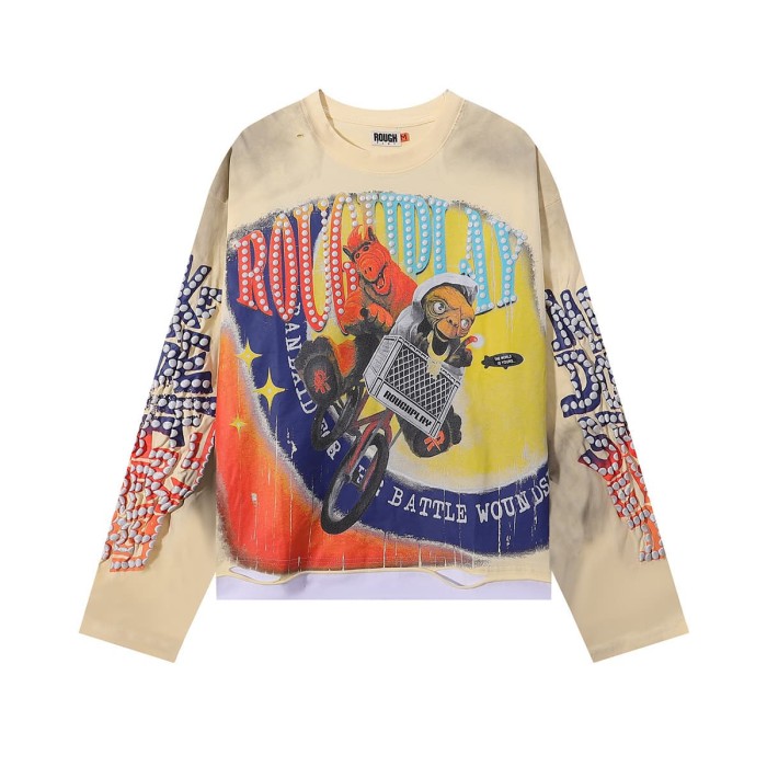 Piglet ET Bicycle Silver Hot Stamping Print Washed Version Long Sleeve T-Shirt 2 colors 28758383