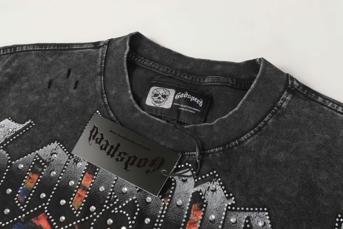 Crying Statue Rhinestone Letter Distressed Print Washed Version Tee 2 colors 28759326