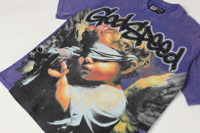Masked Angel Shot-Effect Rhinestone-Embellished Distressed Print Washed Version Tee 2 colors 28759330