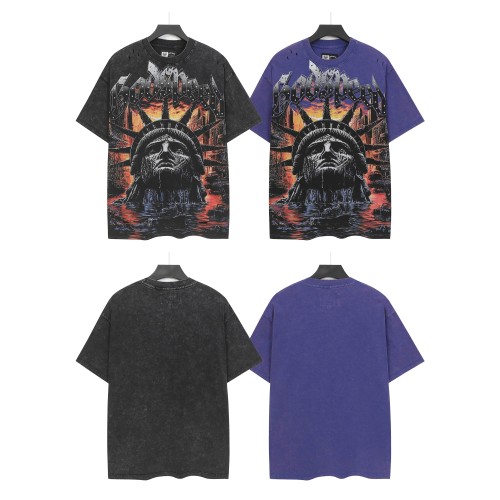 [Buy Two Get One Free]Crying Statue Rhinestone Letter Distressed Print Washed Version Tee 2 colors 28759326