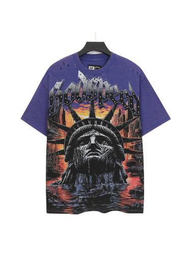 [Buy Two Get One Free]Crying Statue Rhinestone Letter Distressed Print Washed Version Tee 2 colors 28759326