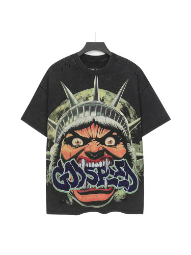 [Buy Two Get One Free]Rhinestone Logo God Statue Print Distressed Washed Version Tee 2 colors 28760692