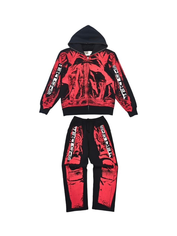 [Big & Tall for weights up to 220 lbs]1:1 quality version Red Printed Zipper  Hoodie & Pants Set 28760678