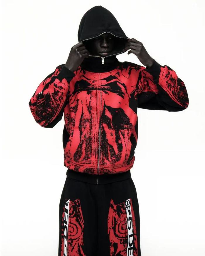 [Big & Tall for weights up to 220 lbs]1:1 quality version Red Printed Zipper  Hoodie & Pants Set 28760678